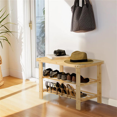 Shoe Rack 3 Tier Bamboo Shoe Bench, Shoe Storage Rack With Seat