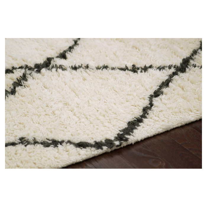 Twinar Geometric Hand Knotted Wool Off White/Dark Gray Shag Area Rug