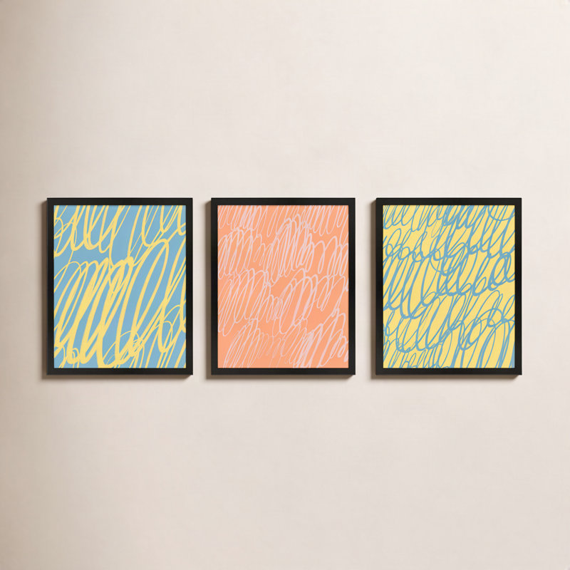 Color Squiggles Print by Jacques Pilon, Black Single Structure Framed Paper, 38" H x 90" W x 1.25" D