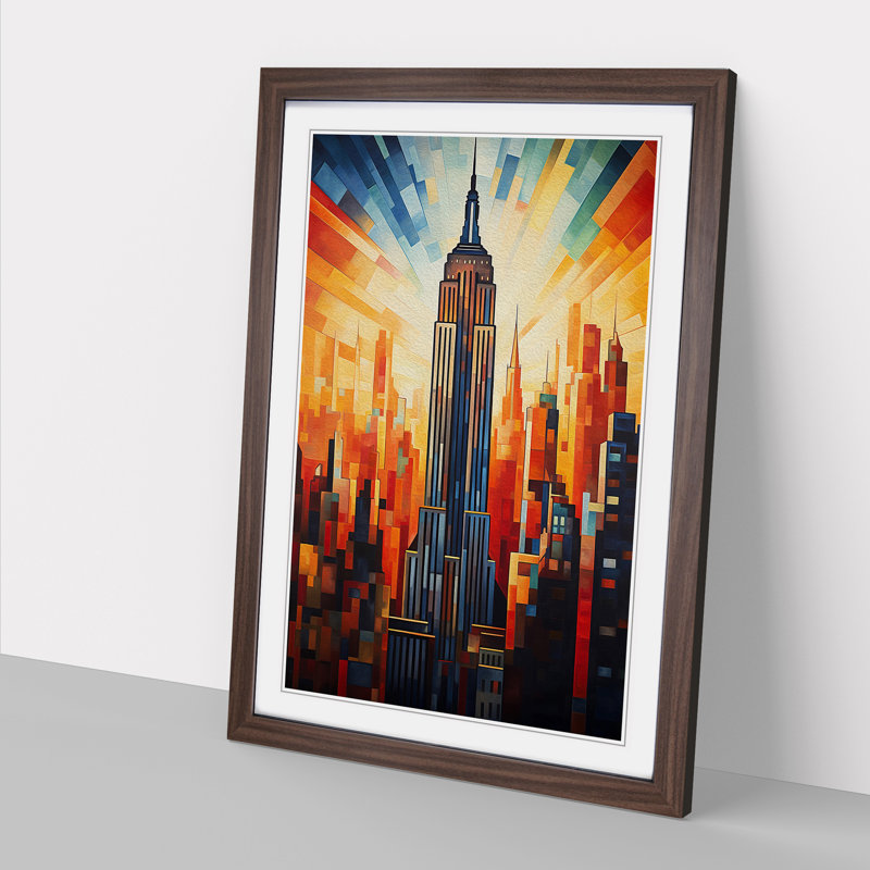 Empire State Building Cubism No.2 - Single Picture Frame Print on Wood, 64cm H x 46cm W x 2cm D, Walnut