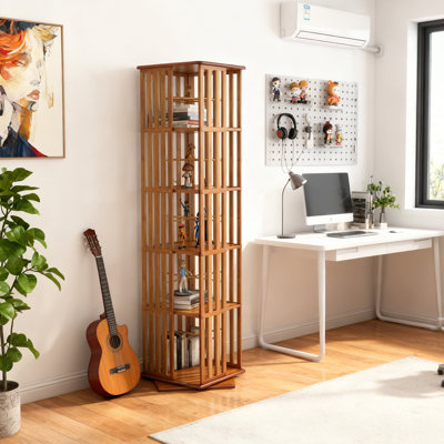 Bibliothèque rotative 5 niveaux H 60 "x l 13" en bambou, bibliothèque pivotante à 360 ° avec tablettes, étagère de rangement autoportante