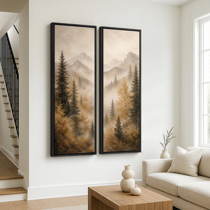 Misty Mountain Forest Landscape, Cadre noir, H 60 po x l 20 po