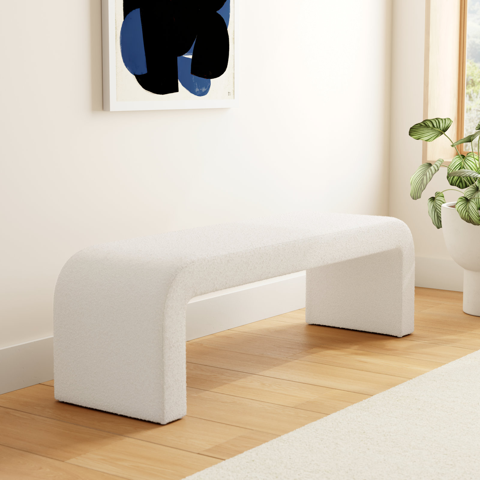 Daine 62" Linen Bedroom Bench, Ivory Boucle