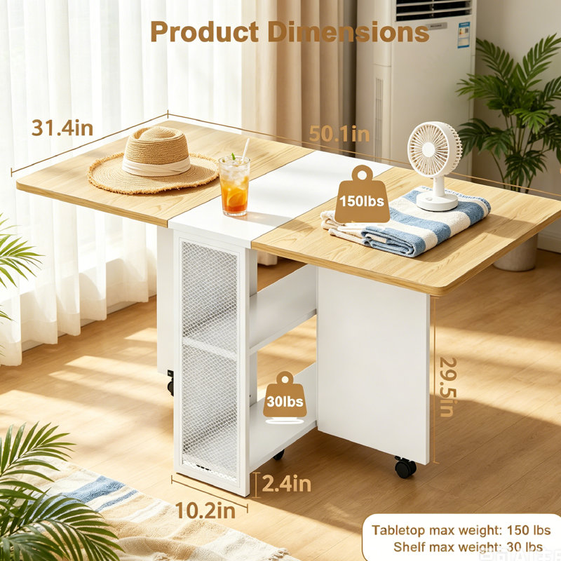 50" Space Saving Folding Dining Table, Farmhouse Dining Table,Drop Leaf Kitchen Table with 2-Layer Storage Shelf, 6 Wheels Multipose Expandable Table for Small Space,Kitchen & Dining Room.
