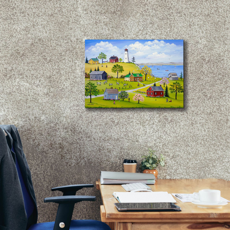 «Phare, lilas et lupins sur toile» par Sharon Mark, H 20 po x l 24 po x P 0,75 po