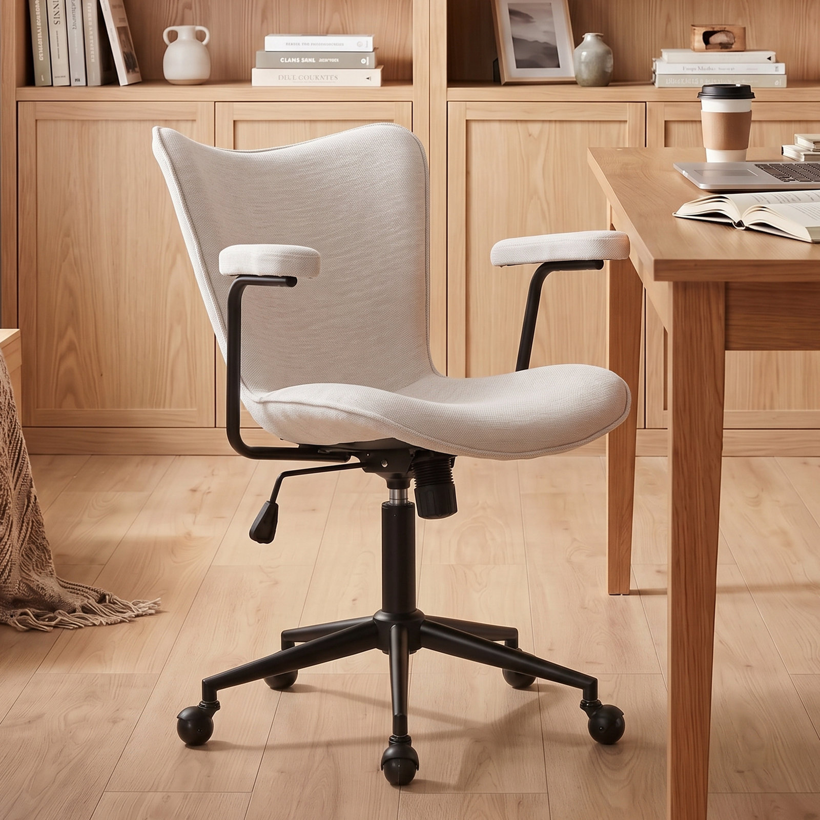 Fabric Office Chair Adjustable Swivel Task Chair With Padded Armrests Comfortable Desk Chair For Home Office Vanity Room