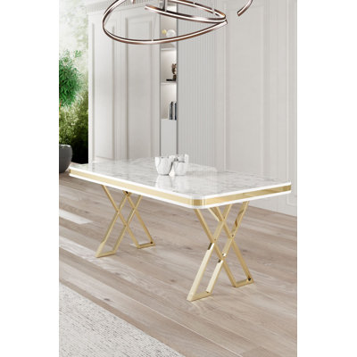 Table de salle à manger moderne avec finition en marbre blanc et or 51,2 po x 29,1 po x 31,1 po | Panneau 100% laqué avec pieds robustes en métal | Conception élégante pour des espaces de salle à manger glamour, des meubles durables et élégants