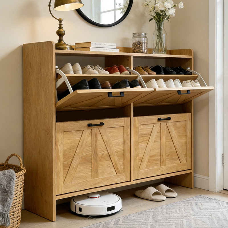 Armoire à chaussures rustique avec porte de grange avec 4 tiroirs rabattables, organisateur d'économie d'espace pour le salon ou le couloir