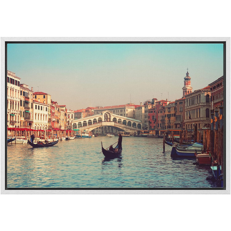 Architecture, pont du Rialto et gondoles à Venise, Cadre blanc, H 16 po x l 24 po x P 1,5 po