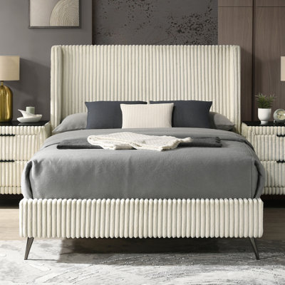 Grand lit crème - Revêtement en velours côtelé doux et large, tête de lit à oreilles distinctive, chambre à coucher moderne, 4 lattes en bois avec revêtement luxueux,