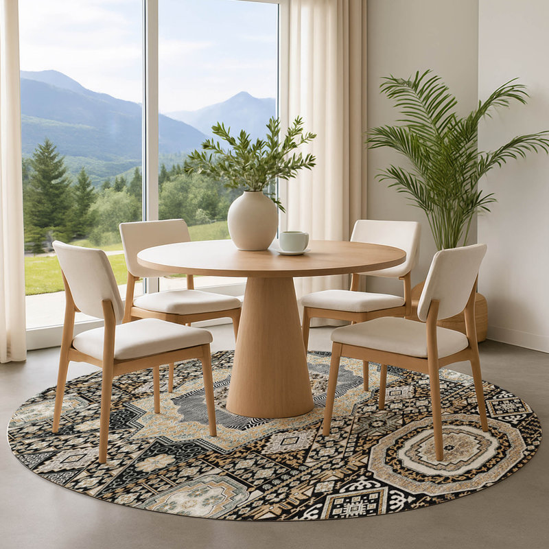 Tapis traditionnel lavable à la machine Premium, Noir, Rond 8 pi