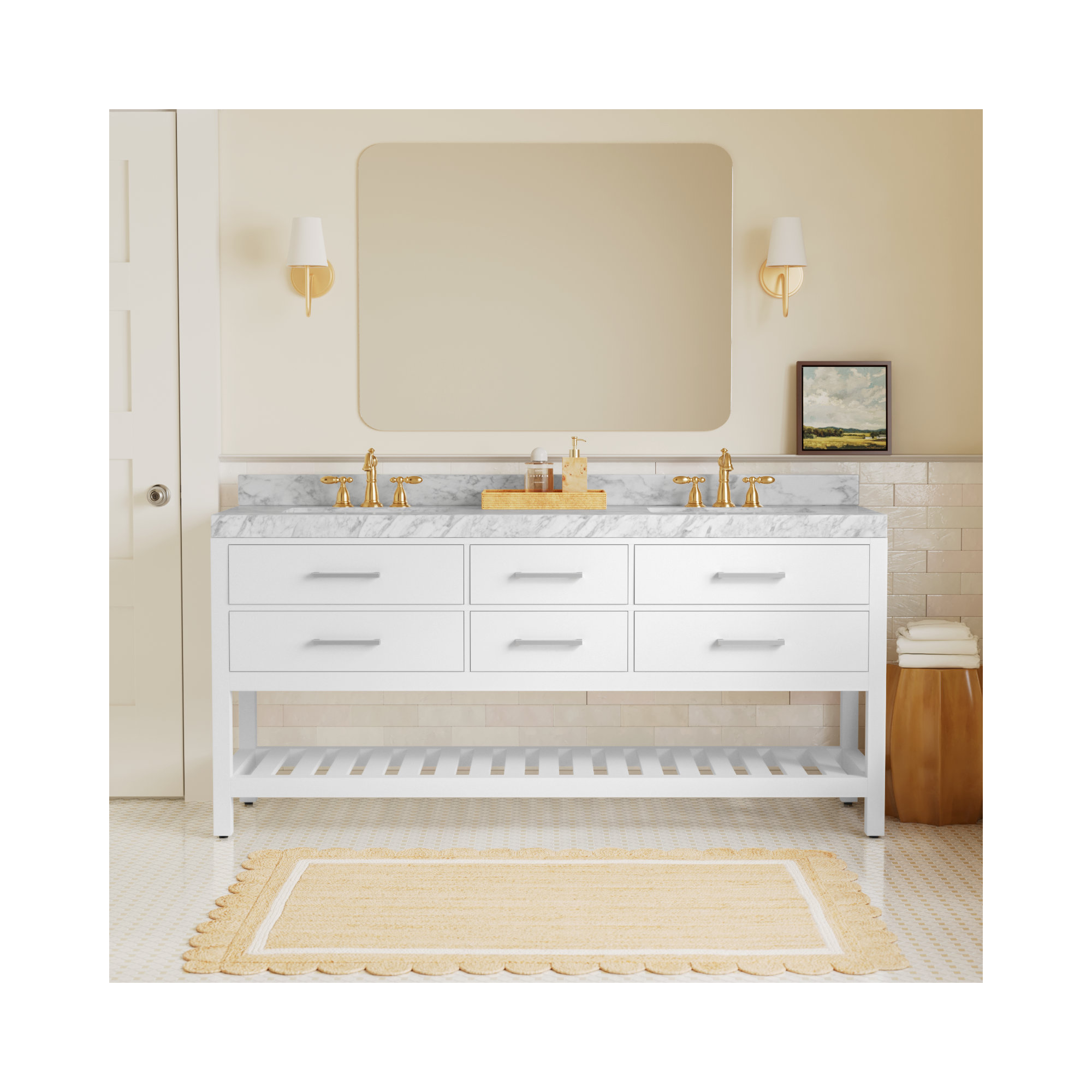 Carrie 72'' Double Bathroom Vanity, White| Brushed Nickel