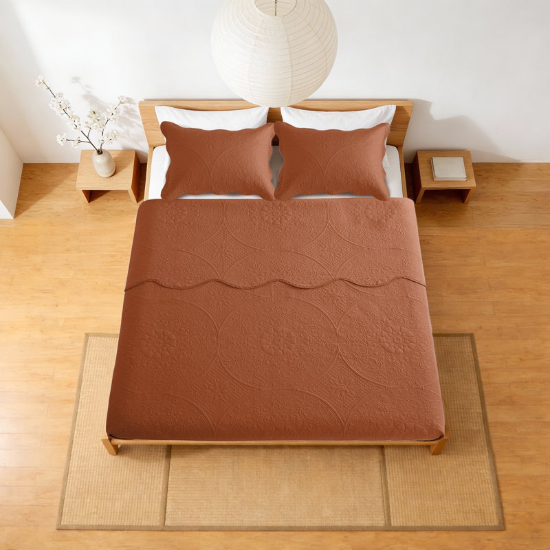 Moonlight Oversized Floral Embossed Bedspread Set – Lightweight Reversible Quilt Bedding with Pillow Shams, Rust