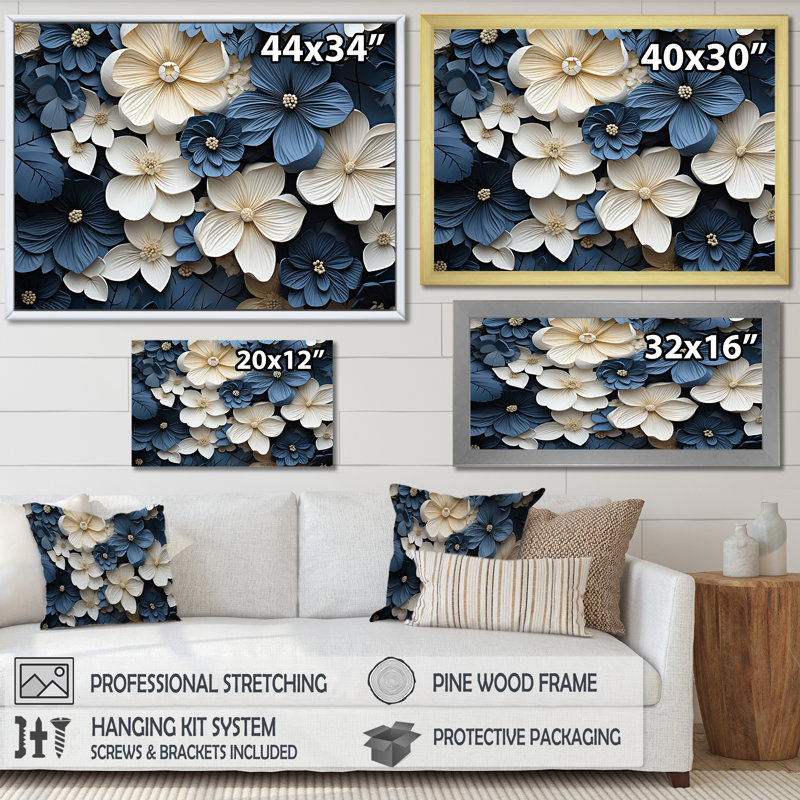 «Blue and White Adorned Violets - Violets», art mural encadré, Toile tendue, H 30 po x l 40 po, Sans cadre