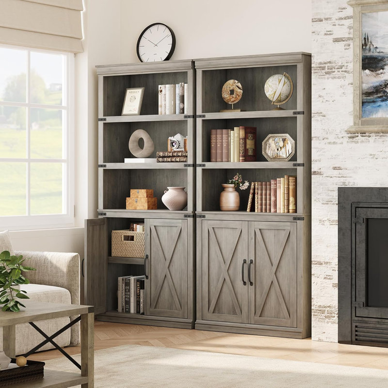 Bibliothèque à 5 niveaux avec rangement, bibliothèque de 68,7 po de hauteur, armoire de rangement en bois, Gris