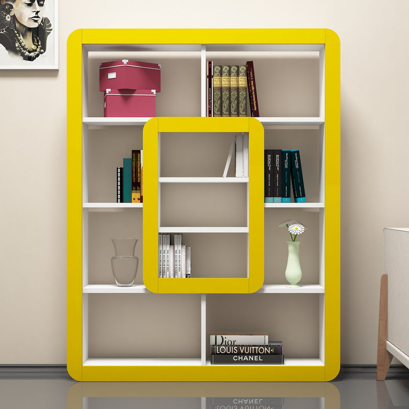 Bibliothèque moderne avec de nombreuses tablettes, blanc et jaune, 43,0 x 55,1 x 8,6 pouces | 100% panneau de particules enduit de mélamine, épaisseur: 0,7 pouce | Conception murale pour des solutions de rangement et de présentation élégantes