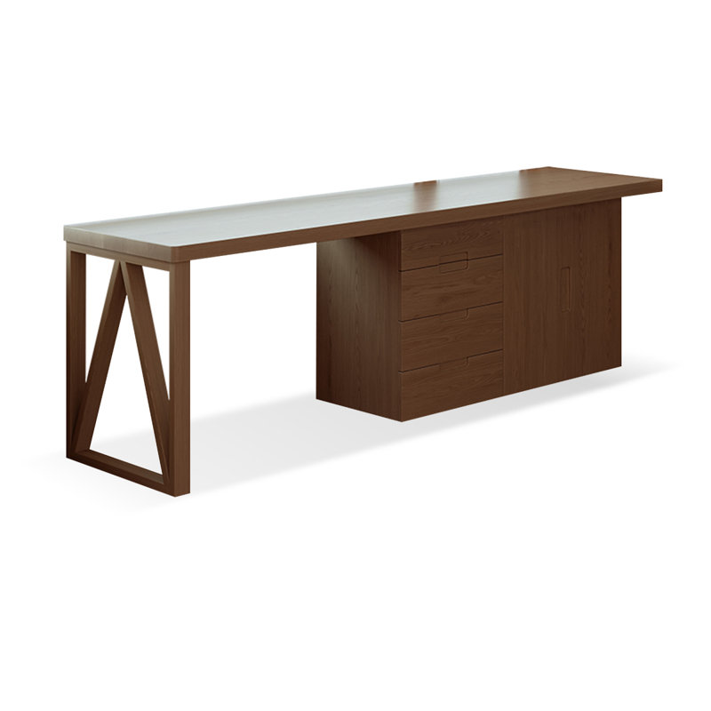 Brown Rectangular Solid Wood with 4 drawers desk, 29.53" H x 86.61" W x 23.62" D