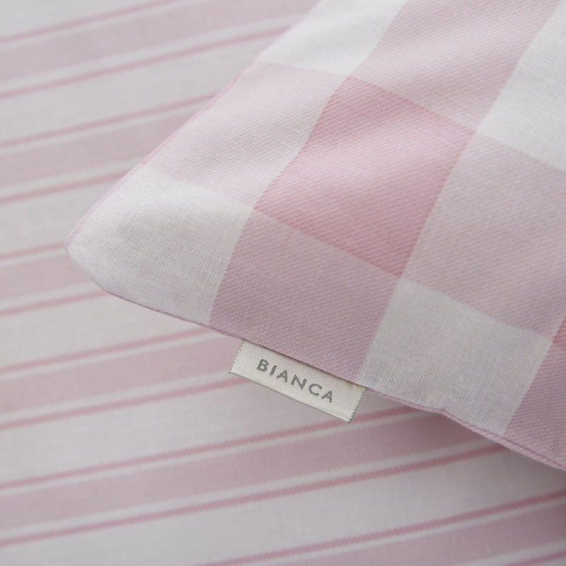 Check and Stripe Reversible 100% Cotton Duvet Cover Set with Pillowcases, Pink, Single - 2 Standard Pillowcases