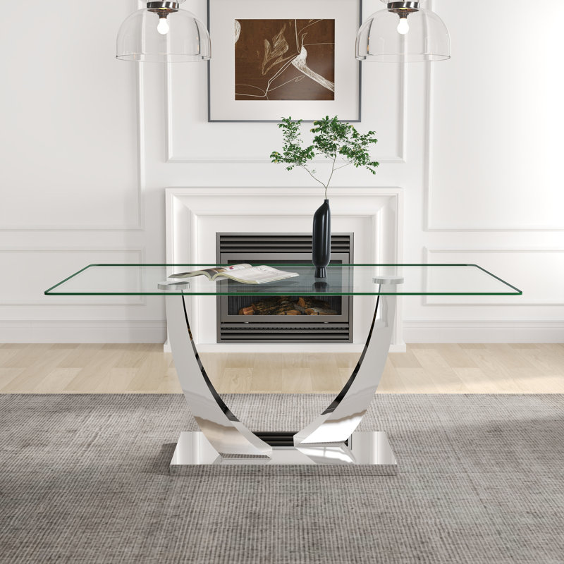 Modern Rectangle Tempered Glass Dining Table with Stainless Steel Pedestal, Silver