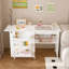 Table de couture pliante 4-en-1 avec roues verrouillables - Poste de travail multifonctionnel, table de bout, bureau d'ordinateur et rangement de cuisine avec tablettes, table de machine à coudre roulante blanche pour appartements
