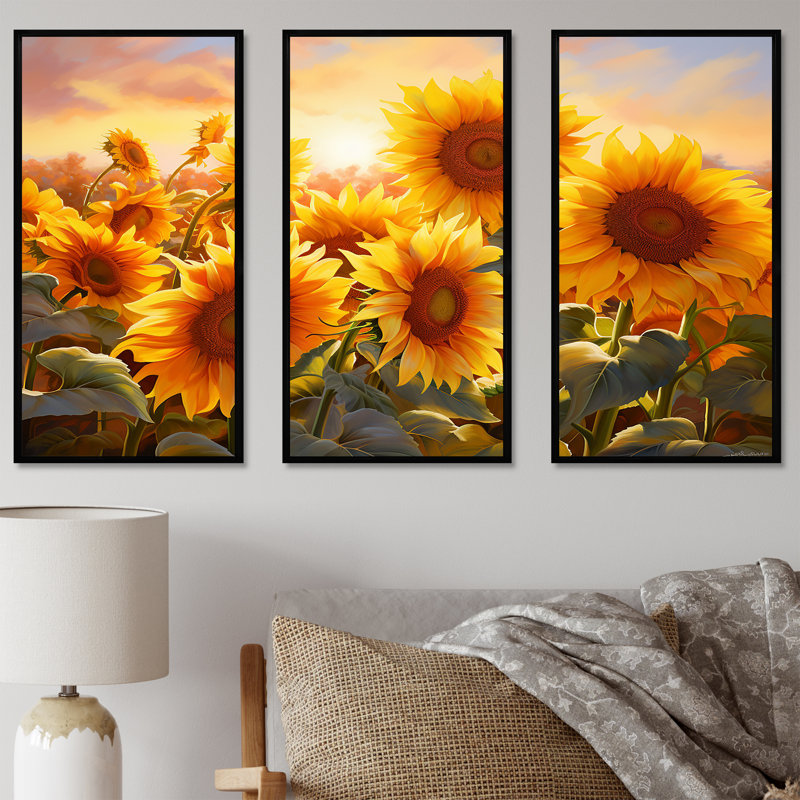 «Burning Sunset Sunflowers Field I» - ensemble d'art sur toile tournesols, Cadre flottant noir, H 32 po x l 48 po x P 1 po