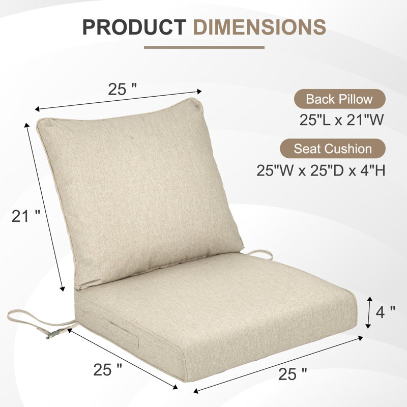 Outdoor Water-resistant Deep Seat Cushion Set, Brown, 25" W x 25" D