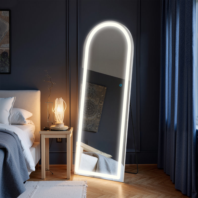 Miroir arqué pleine longueur avec lumières DEL, miroir mural pleine grandeur, miroir au sol éclairé, suspendu ou incliné avec éclairage 3 couleurs, miroir arqué pour la décoration intérieure moderne
