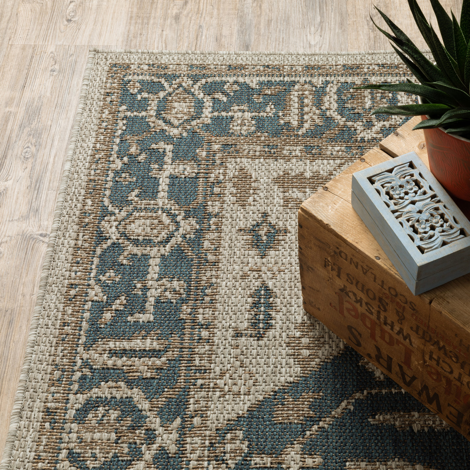 Crawford Dark Blue Gray Outdoor Oriental Rug, Rectangle 3'3" x 5'