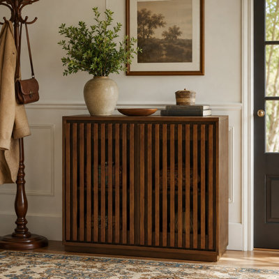 Mid-Century Modern Fluted Hollowed Out Sideboard Cabinet with 2 Outlet Holes, Black Buffet Storage Cabinet with Solid Wood Slat Doors for Living Room, Dining Room, Kitchen, Entryway & Hallway