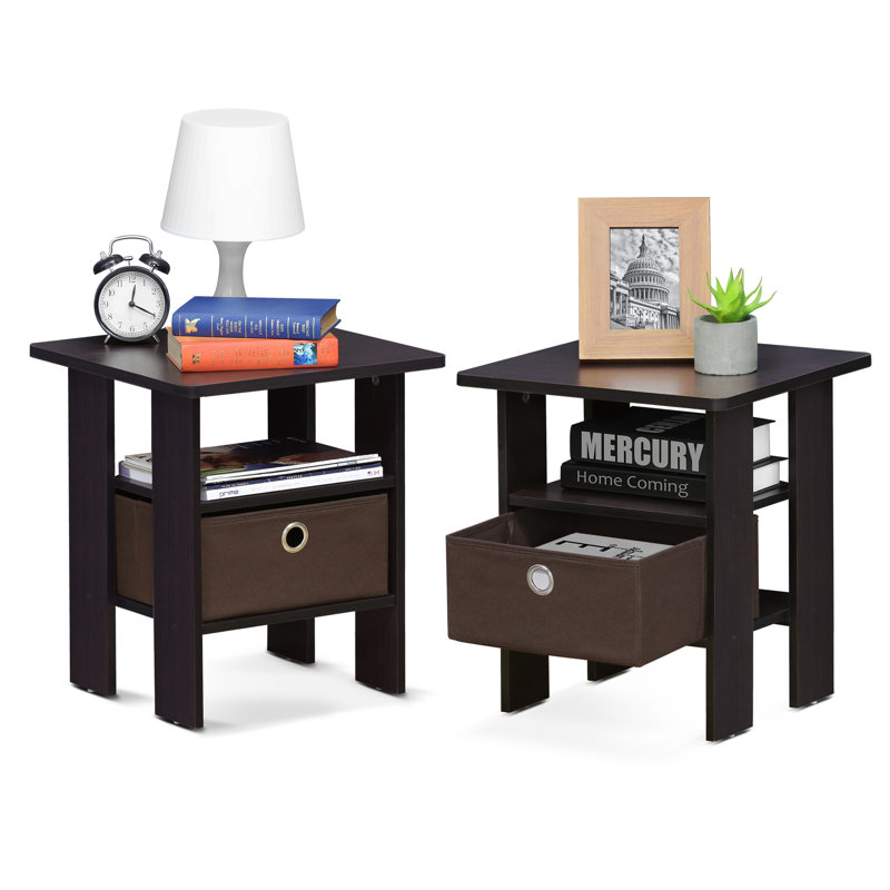 Tidur Bedside Table Nightstand with Bin Drawer, Set of 2, Dark Walnut