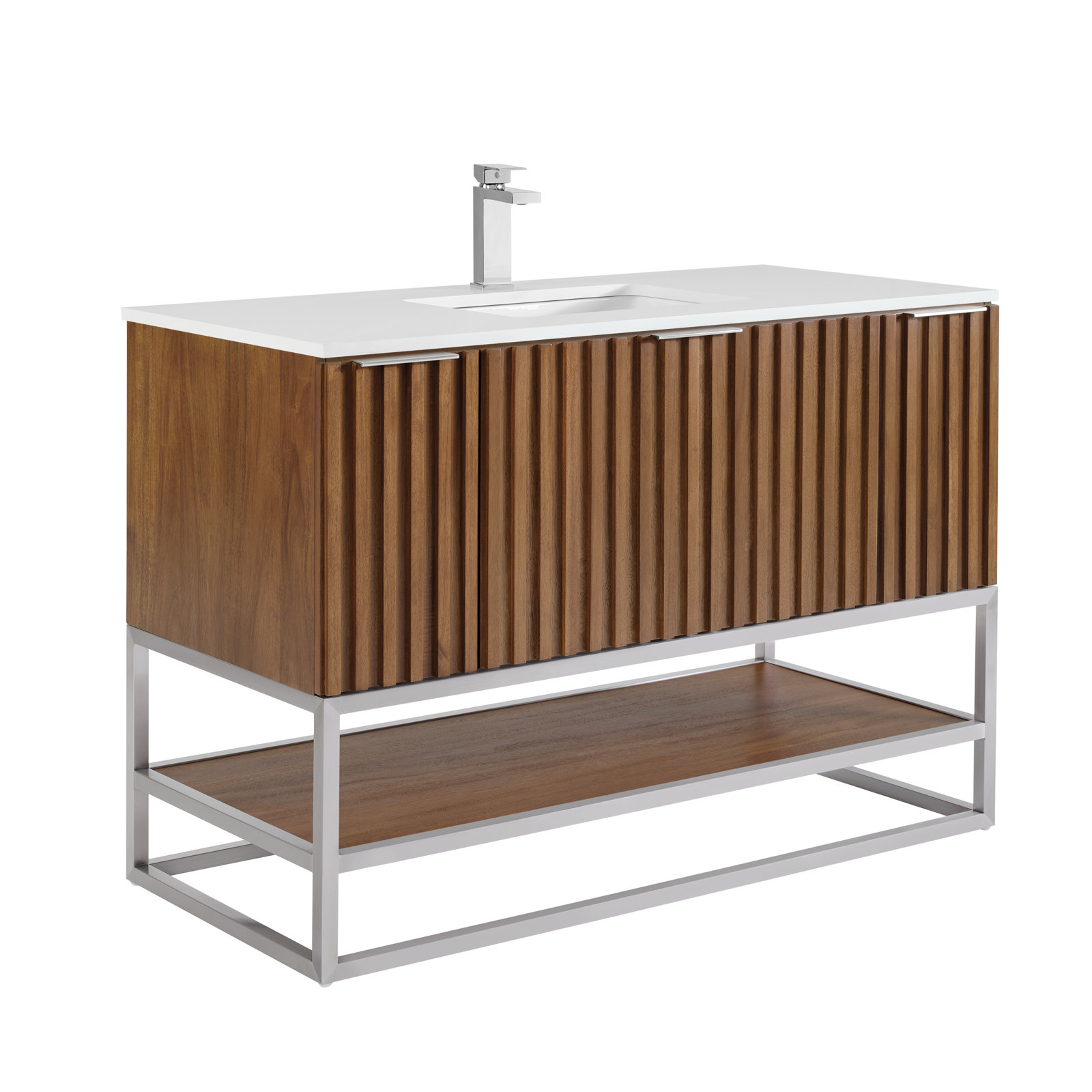 Terra 48'' Single Bathroom Vanity, White Quartz/Single Faucet Mount, Walnut, Brushed Nickel
