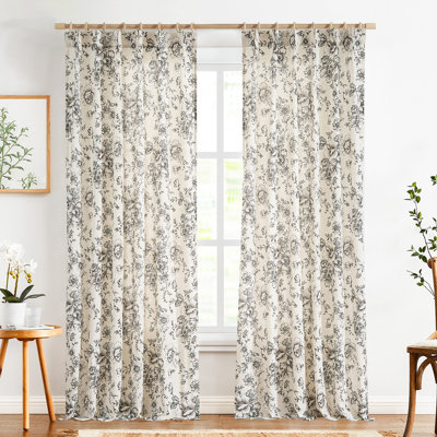 Linen Blend Pinch Floral Curtains with Hooks Curtain Pair