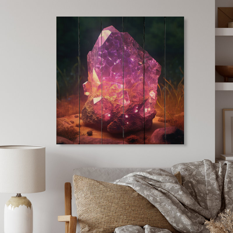 Janmarcos, pierres mauves et or vives sur bois, H 25 po x l 25 po x P 0,78 po