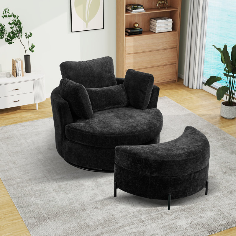 Achorn Upholstered Slipcovered Swivel Barrel Chair with Ottoman, Black Chenille