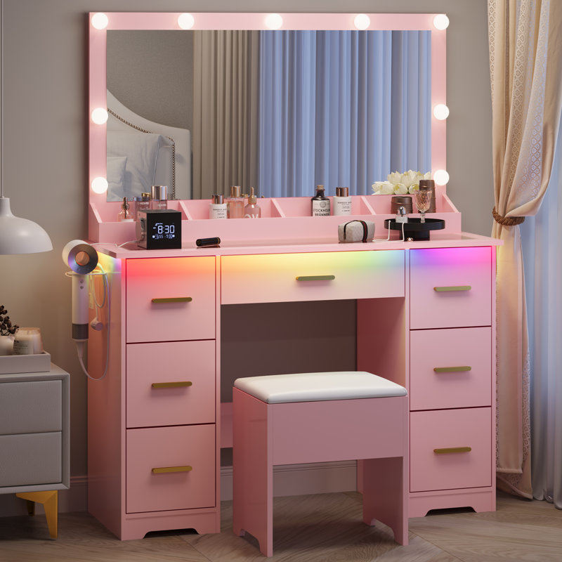 Vanity Desk with Rectangle Mirror and Lights, Vanity Table with Charging Station, Pink