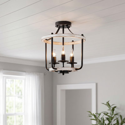 3-Light Farmhouse Faux Wood White Semi Flush Mount Ceiling Light
