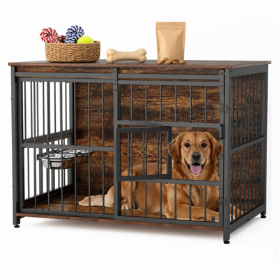 Mobilier en bois robuste pour cage de chien avec porte de grange coulissante, conception à l'épreuve des fuites, fenêtre interactive et accès à double porte
