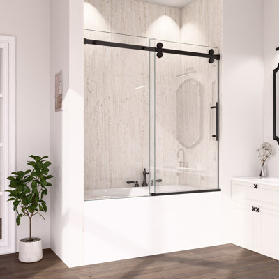 Porte de douche double sans cadre coulissante 56-60 ", verre trempé épais 5/16", quincaillerie