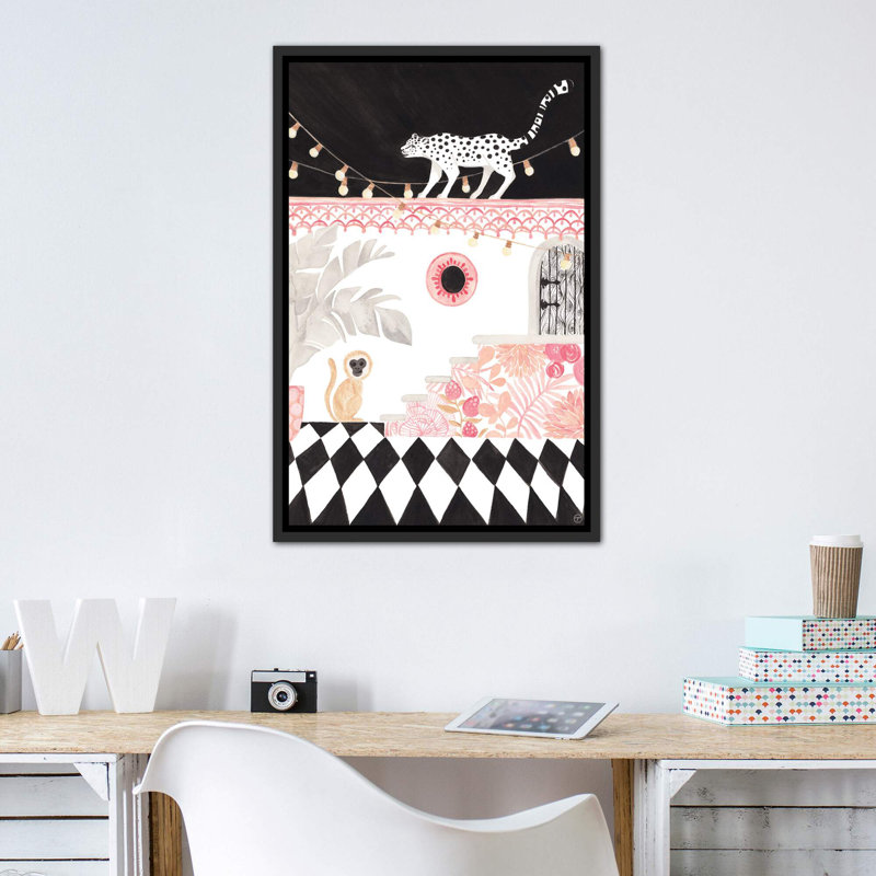 Art sur papier leopard et singe, Toile avec cadre noir patiné, H 40 po x l 26 po x P 1,5 po