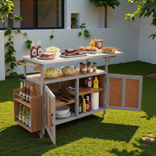 Îlot de cuisine extérieur pliable avec plan de travail en acier inoxydable, roues verrouillables, armoire de rangement, porte-serviettes et épice à deux niveaux