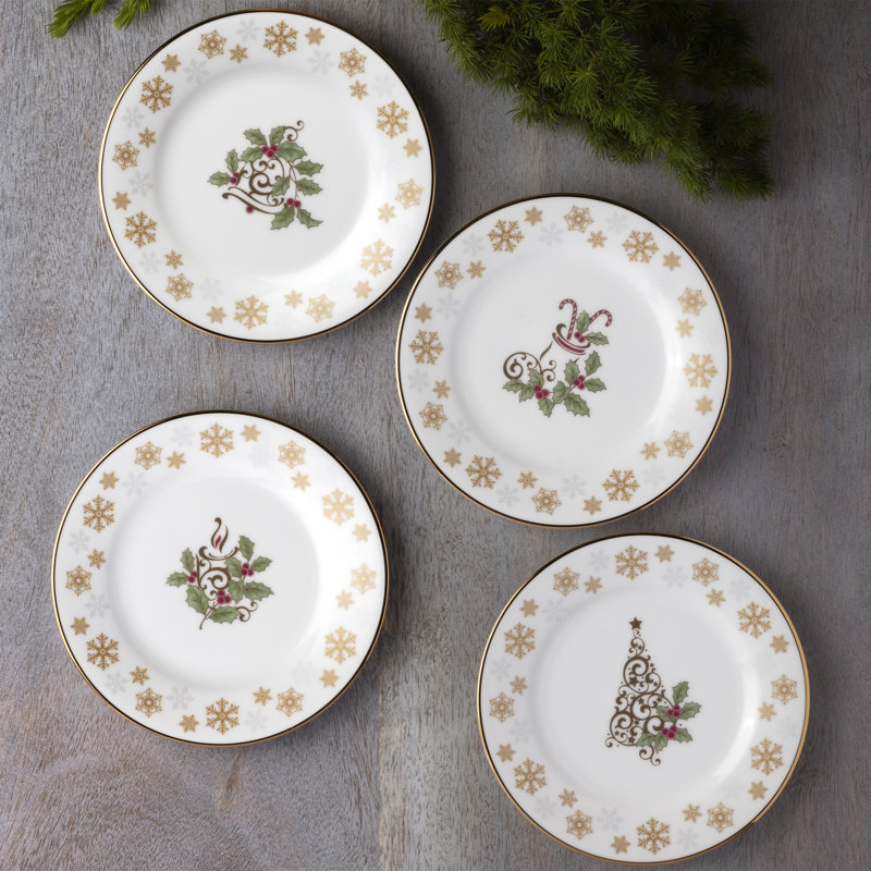 Noritake Holly & Berry Gold Set Of 4 Assorted Appetizer Plates, 6-1/4"