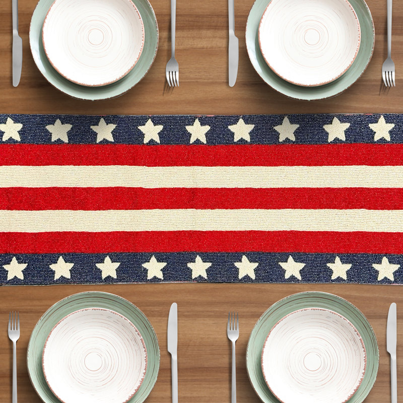 Consuella Patriotic American Flag Table Runner Handmade Beaded Dining Table Runner for Christmas Decor, 36" Rectangle