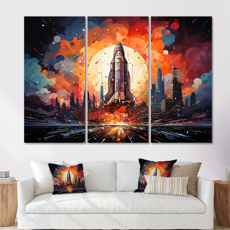 «Expressionist Space Shuttle Burst I», ensemble d'art mural fusée, Toile tendue, H 40 po x l 60 po x P 1 po