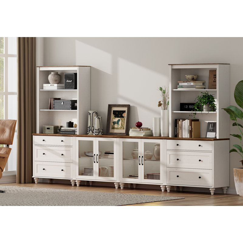 Entertainment Center With Bookshelves With Glass Doors & Drawer, Farmhouse Wall Unit TV Stand For Tvs, Bedroom & Home Theater