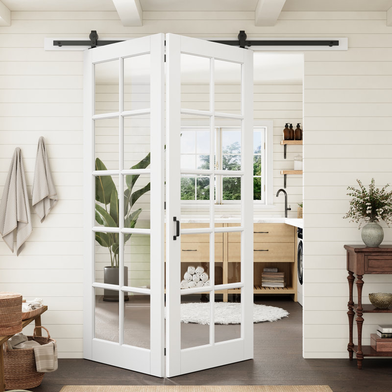 Porte standard préfinie en verre clair à 10 carreaux de 48 po x 80 po avec porte pliante de style grange et ensemble de quincaillerie pour garde-manger