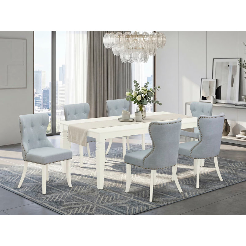 7 Piece Dining Room Set Consist of a Rectangle Wooden Table with Butterfly Leaf and 6 Baby Blue Linen Fabric Parson Dining Chairs, Linen White