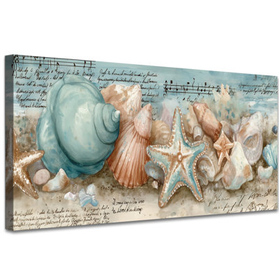 Grand coquillage de plage, art mural, coquillages de plage et étoile de mer, affiche d'art mural rétro pour salon, chambre à coucher, salle de bain, prêt à accrocher, décor de bord de mer, 24 x 48 po
