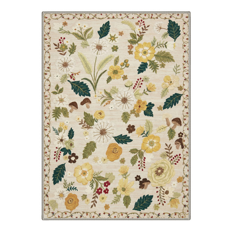 Veridia Floral Machine Washable Beige / Yellow / Green Indoor Area Rug with Non-Slip Backing, Rectangle 8' x 10'