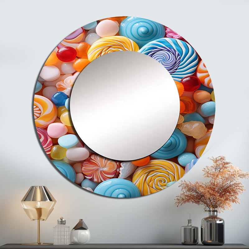 Popart candies - dessert, miroir mural décoratif, miroir rond bleu, impression d'art en métal, 29 po x 29 po