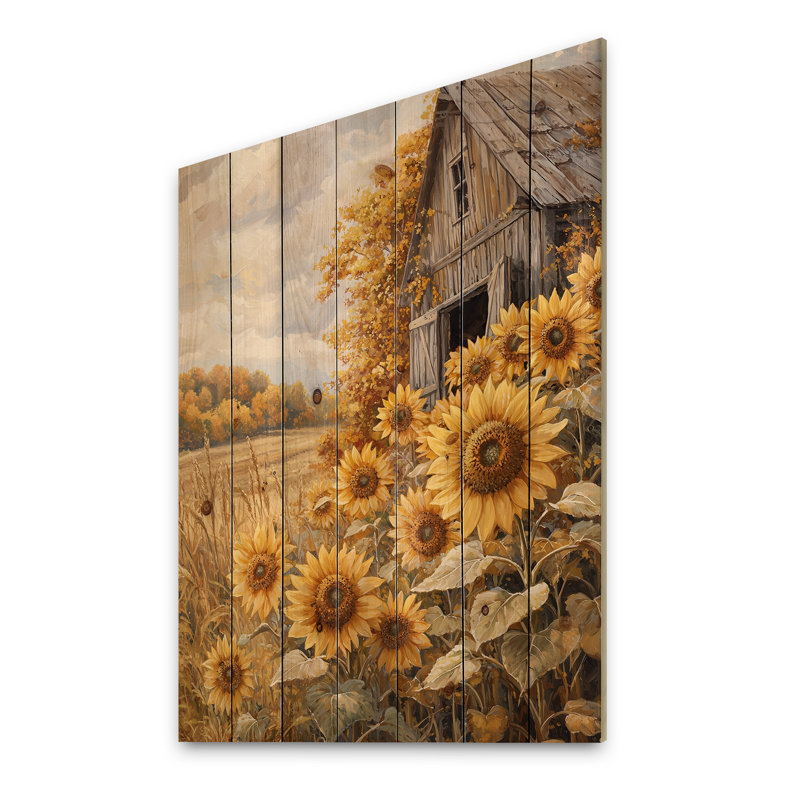 Sunflowers And The Hayloft Barn I - Sunflowers Wood Wall Decor - On Natural Pine Wood, 20" H x 10" W x 0.78" D